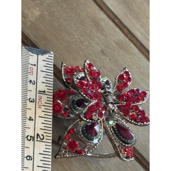 Large Floral Hair Clip With Red Rhinestones & Metal**note missing rhinestone - Picture 5 of 10